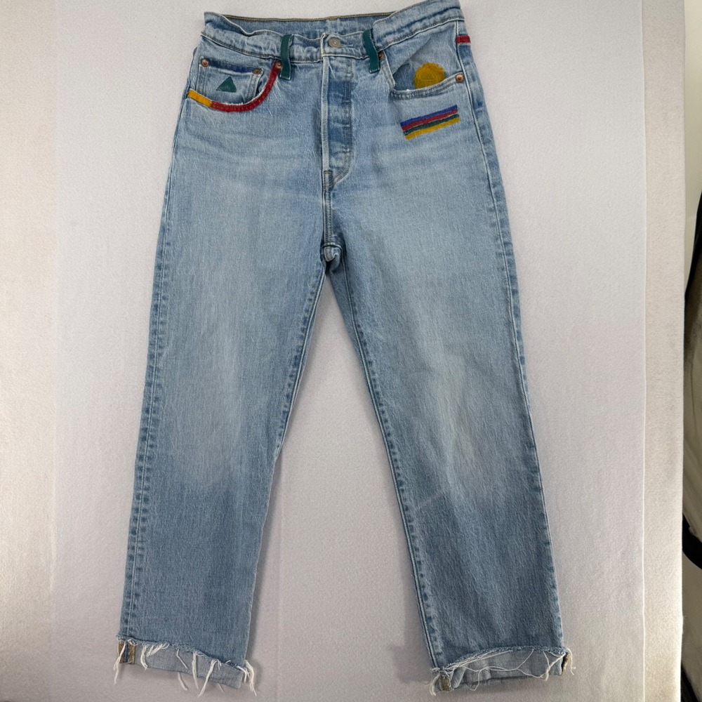 Levi's‎ 501 Jeans W27 Cropped Raw Hem Abstract Art Denim High Waist Mom Jean